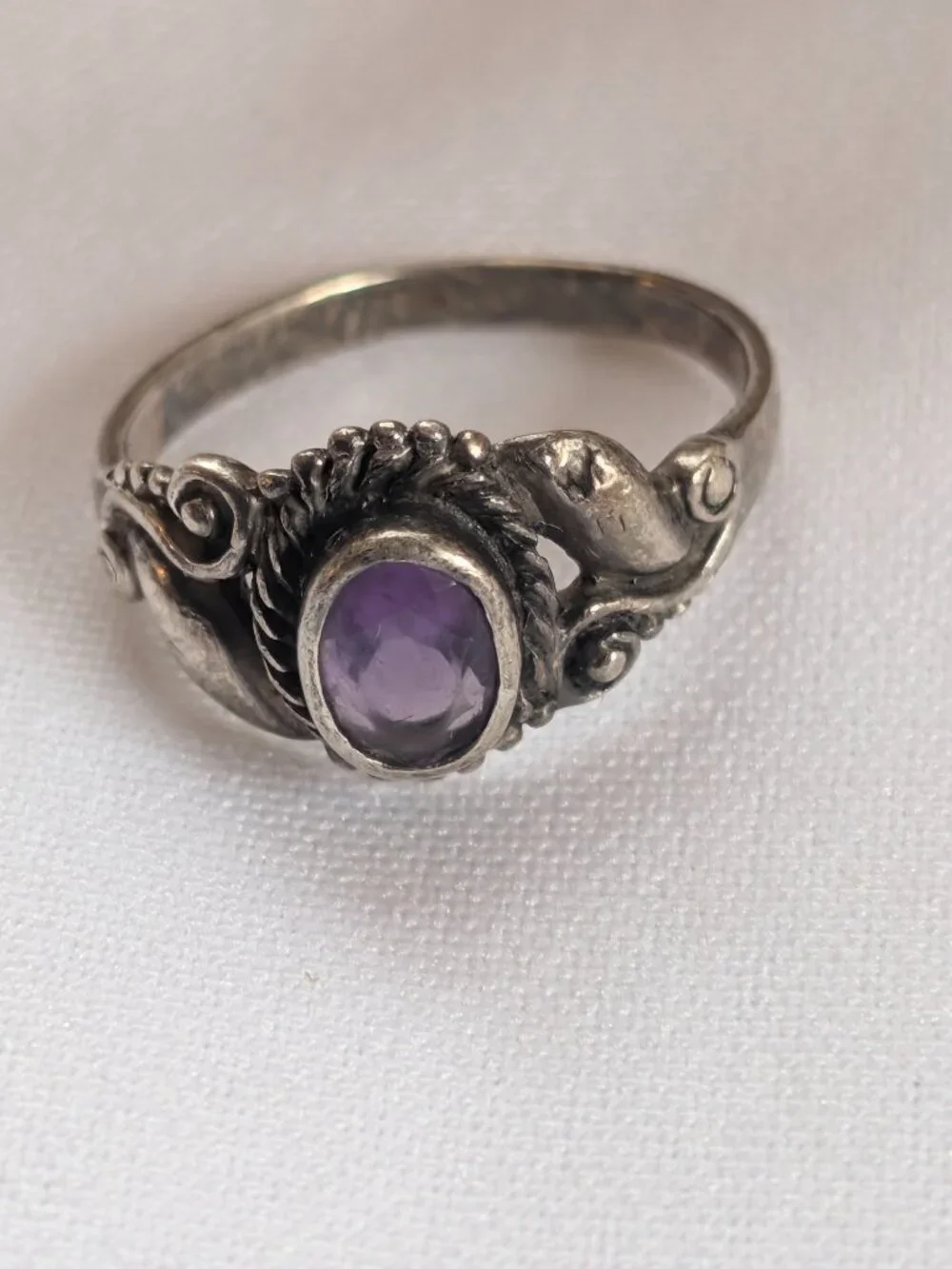 Vintage Sterling Silver Carved Filigree Amethyst Ring Size 7